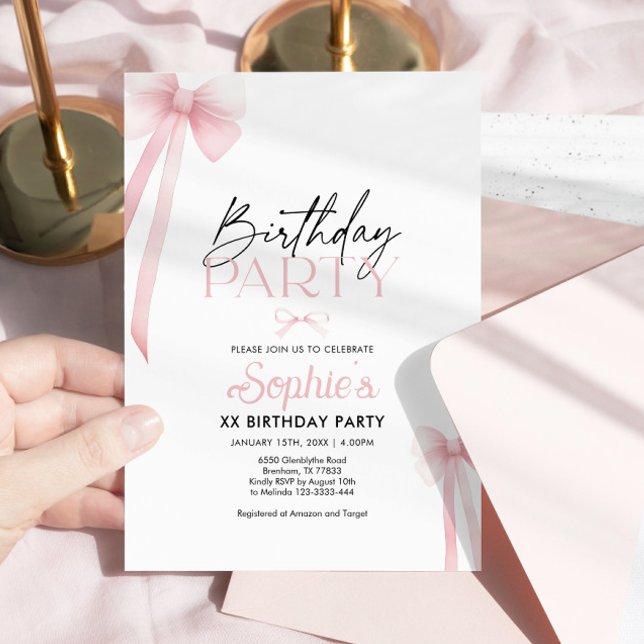 Cute Pink Bow Birthday Invitation (Creator Uploaded)