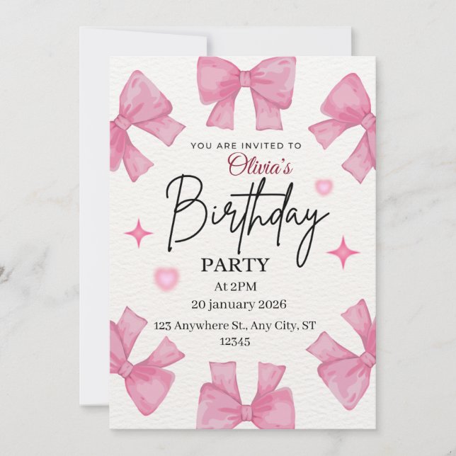 Cute Pink Bow Birthday Invitation Template (Front)