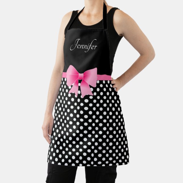 Cute Pink Bow Black And White Name Apron (Insitu)