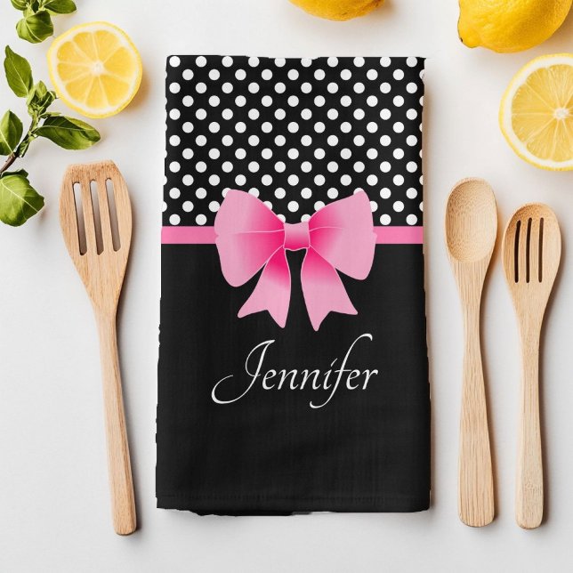 Cute Pink Bow Black And White Tea Towel (Cute Pink Bow Black And White Kitchen Towel
)