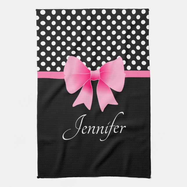 Cute Pink Bow Black And White Tea Towel (Vertical)