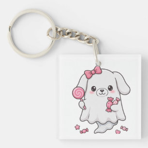 Cute Pink Bow Candy Ghost Halloween Sticker Kawaii Key Ring