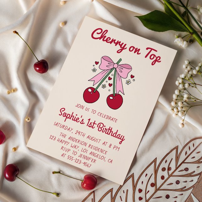 Cute Pink Bow Cherry on Top 1st Birthday Invitation (Creator Uploaded)