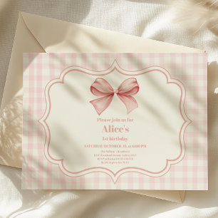 Cute Pink Bow Coquette 1st Birthday Invitation