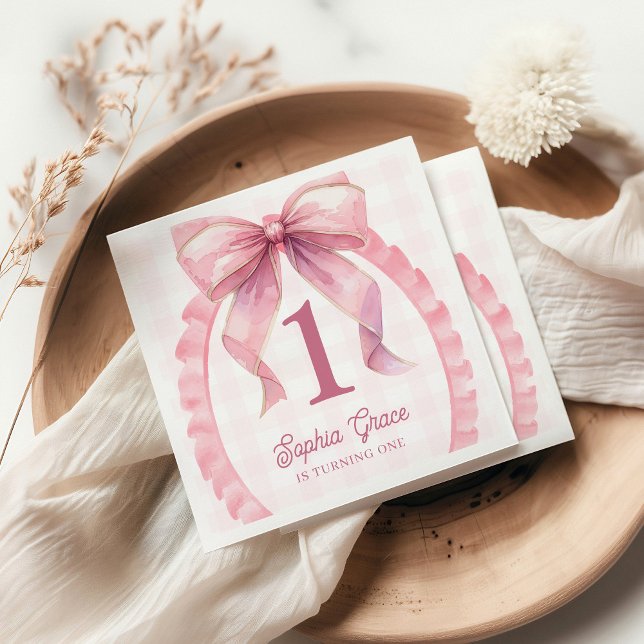 Cute Pink Bow Coquette 1st Birthday Napkin (Creator Uploaded)