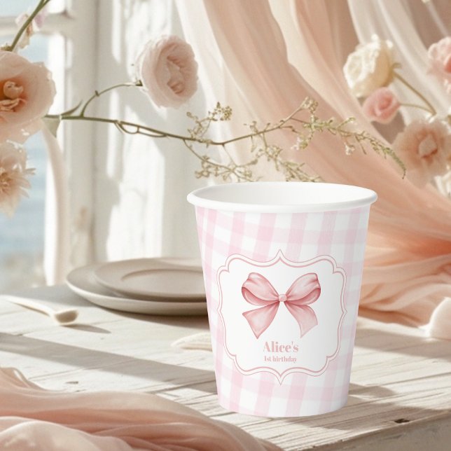 Cute Pink Bow Coquette 1st Birthday Paper Cups (Creator Uploaded)