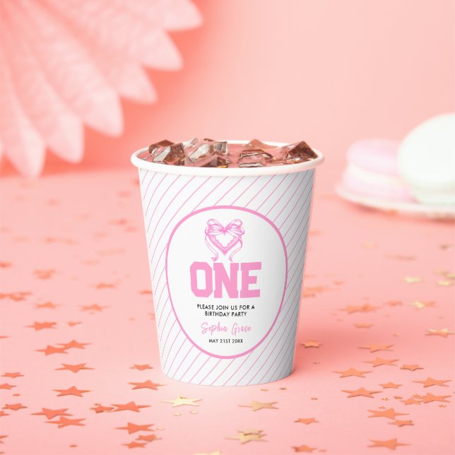 Cute Pink Bow Coquette 1st Birthday  Paper Cups (Insitu)