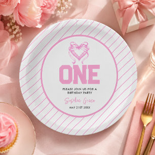 Cute Pink Bow Coquette 1st Birthday Paper Plate
