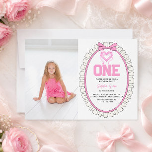 Cute Pink Bow Coquette 1st Birthday photo Invitation