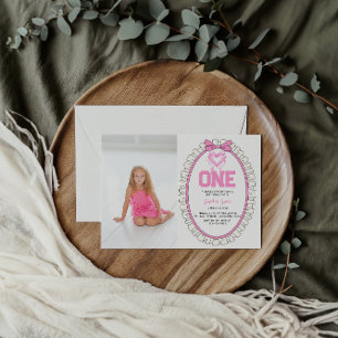 Cute Pink Bow Coquette 1st Birthday photo Invitation