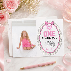 Cute Pink Bow Coquette 1st Birthday photo Thank You Card