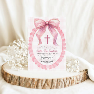 Cute Pink Bow Coquette Baptism Invitation