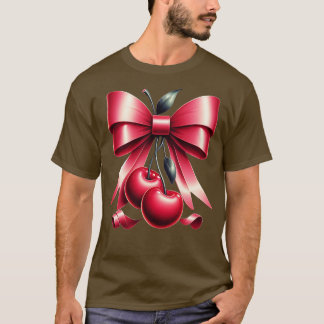 Cute Pink Bow Coquette Cherry Clean Girl Aesthetic T-Shirt