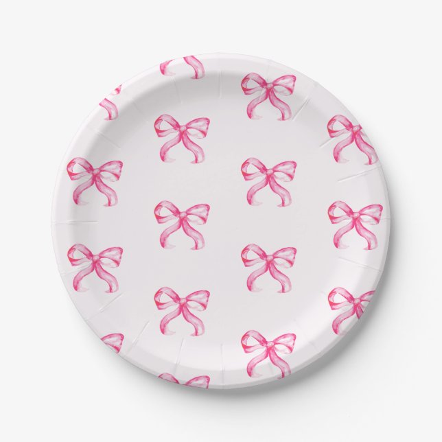 Cute Pink Bow Coquette Pattern Baby Shower Paper Plate (Front)