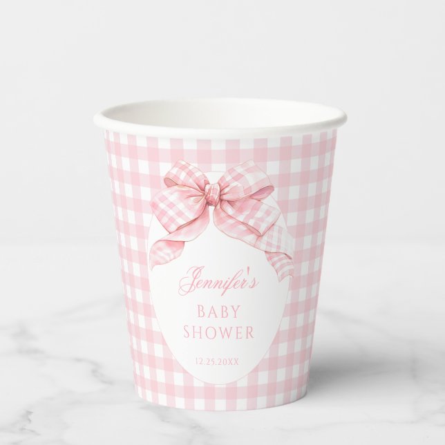 Cute Pink Bow Coquette Sweet Baby Girl Shower Paper Cups (Front)