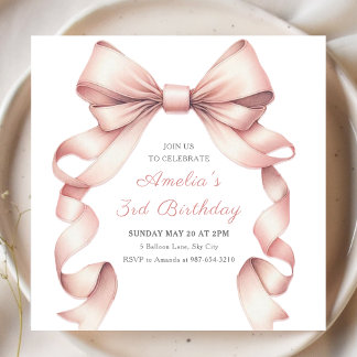 Cute Pink Bow Elegant Coquette Girly Birthday Invitation