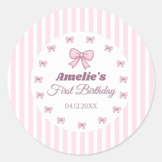 Cute Pink Bow First Birthday  Classic Round Sticker