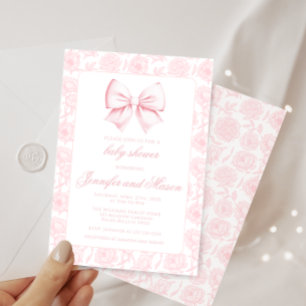 Cute pink bow floral baby girl shower invitation