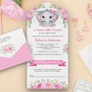 Cute Pink Bow Floral Elephant Baby Shower All In One Invitation