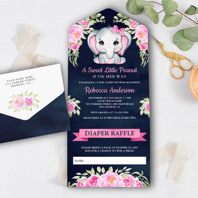 Cute Pink Bow Floral Elephant Navy Baby Shower All In One Invitation (Creator Uploaded)