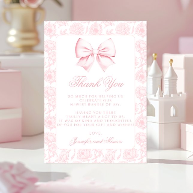 Cute pink bow floral preppy baby girl shower thank you card (Creator Uploaded)
