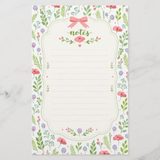 Cute Pink Bow Floral Stationery Paper