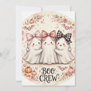 Cute Pink Bow Ghost BOO CREW Halloween Party Invitation