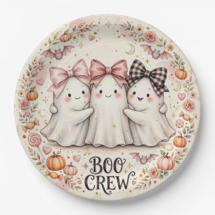 Cute Pink Bow Ghost BOO CREW Halloween Party Paper Plate