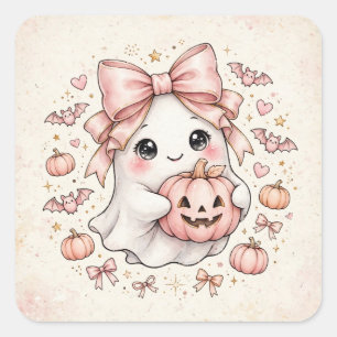 Cute Pink Bow Ghost Halloween Pumpkin Party ] Square Sticker