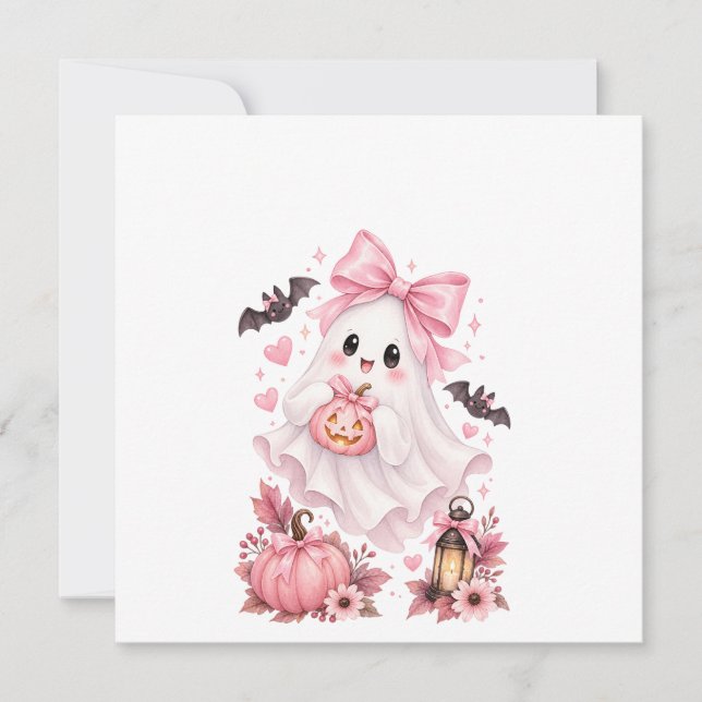 Cute Pink Bow Ghost Halloween Sticker Invitation (Front)