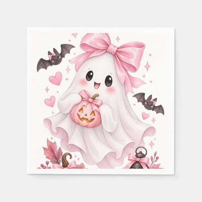 Cute Pink Bow Ghost Halloween Sticker Napkin (Front)