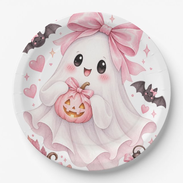 Cute Pink Bow Ghost Halloween Sticker Paper Plate (Front)