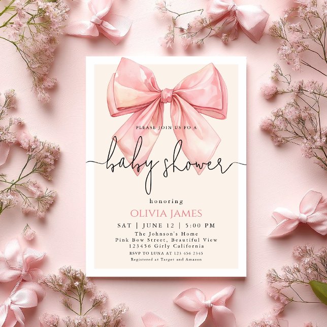 Cute Pink Bow Girl Baby Shower Invitation (Creator Uploaded)