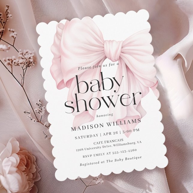 Cute Pink Bow Girl Baby Shower Invitation (Available in both printed and instant download digital formats.)