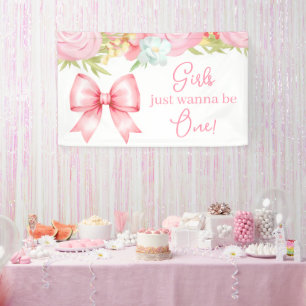 Cute Pink Bow Girl First Birthday Banner