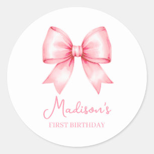 Cute Pink Bow Girl First Birthday Classic Round Sticker