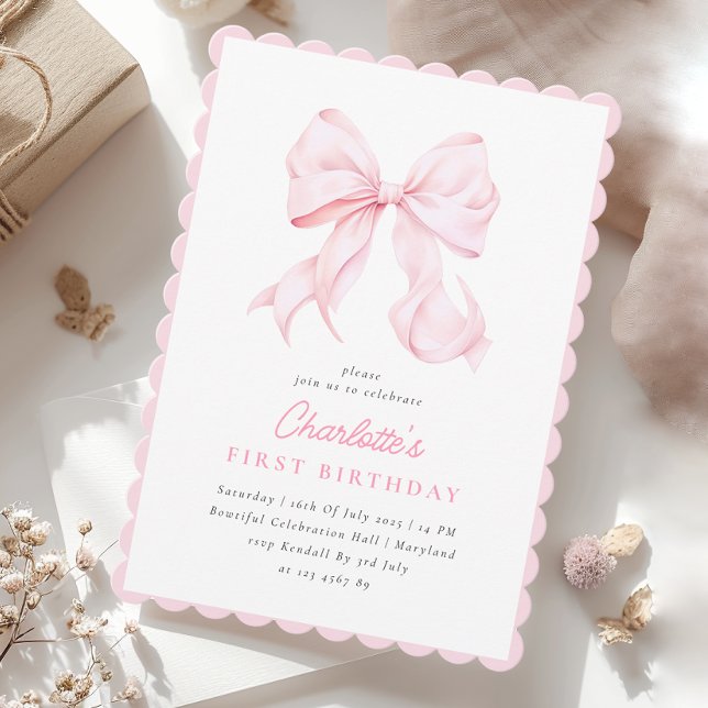 Cute Pink Bow Girl First Birthday Invitation (Creator Uploaded)