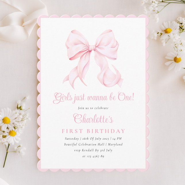 Cute Pink Bow Girl First Birthday Invitation (Creator Uploaded)