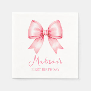 Cute Pink Bow Girl First Birthday Napkin