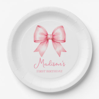 Cute Pink Bow Girl First Birthday Paper Plate
