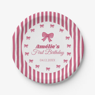 Cute Pink Bow Girl First Birthday  Paper Plate