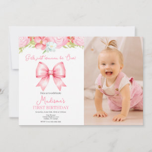 Cute Pink Bow Girl First Birthday Photo Invitation