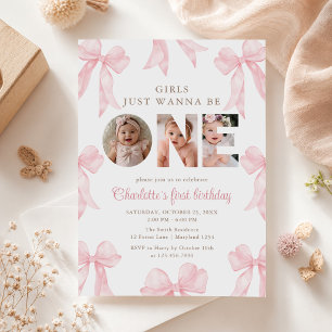 Cute Pink Bow Girl First Birthday Photo Invitation
