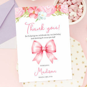 Cute Pink Bow Girl First Birthday Thank You Card