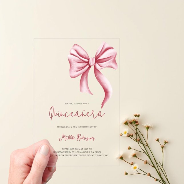 Cute Pink Bow Girly Quinceanera Birthday Acrylic Invitations (Creator Uploaded)