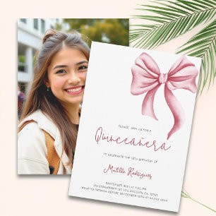 Cute Pink Bow Girly Quinceanera Photo Birthday Invitation