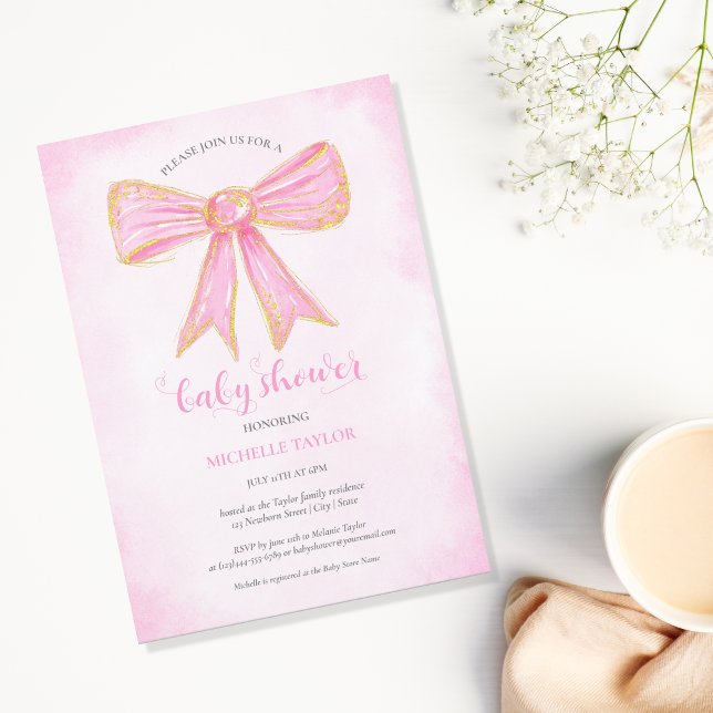 Cute Pink Bow Gold Glitter Baby Girl  Invitation (pink glitter gold bow)