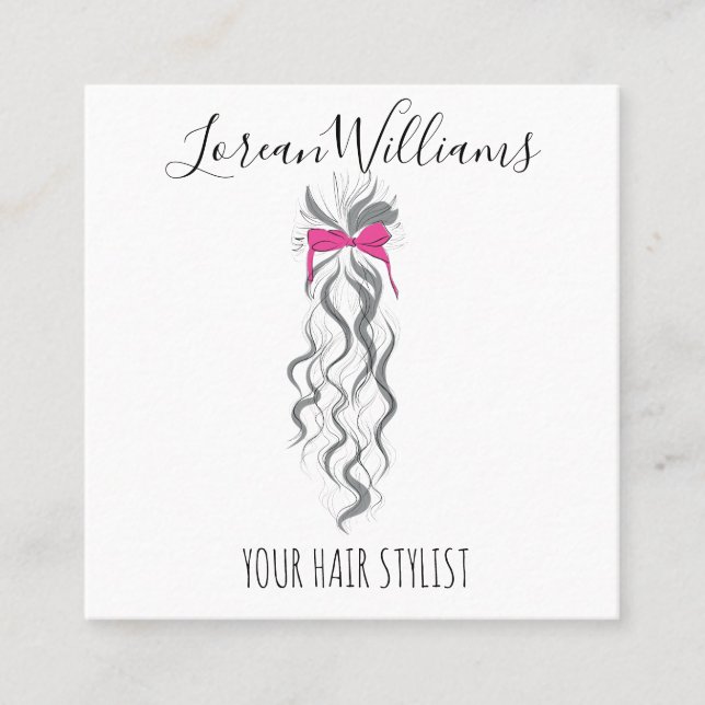 Cute Pink Bow Grey and White Braider Hair Styling  Appointment Card (Front)