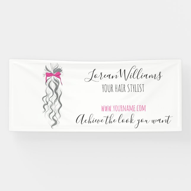 Cute Pink Bow Grey and White Braider Hair Styling  Banner (Horizontal)