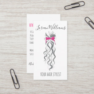 Cute Pink Bow Grey and White Braider Hair Styling  Business Card